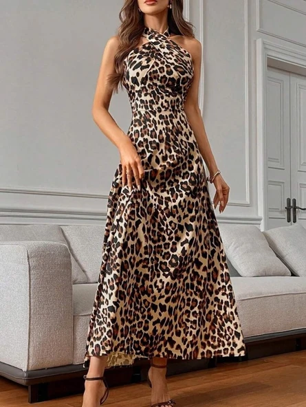 Lucky Life Kadın Omuzlardan Açık Boyundan çapraz Bağlama Detaylı Süprem Elbise - Resim 3