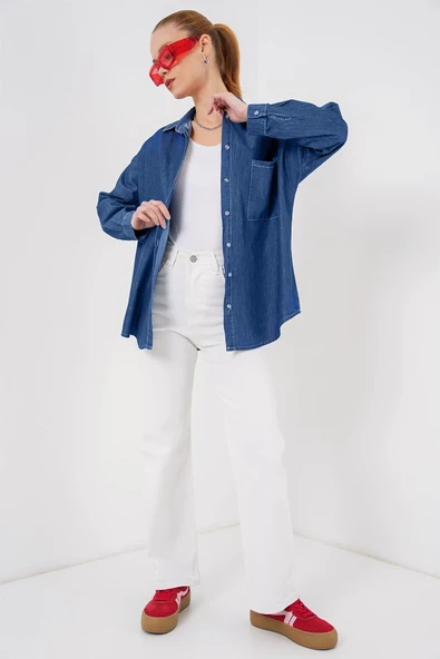 Lucky Life Kadın Oversize Kot Gömlek 20280 - Lacivert