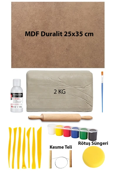 Beyaz Seramik Hamuru 2 kg Kil 25x35 Duralit Ebeşuar Seti 6x15 ml Akrilik Set Vernik Ahşap Merdane
