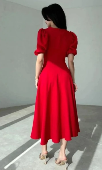 Lucky Life Kadın Kısa Lucky Life Kadın Balon Kollu Bisiklet Yaka Geniş Kesim Janjan Krep Elbise - Resim 3