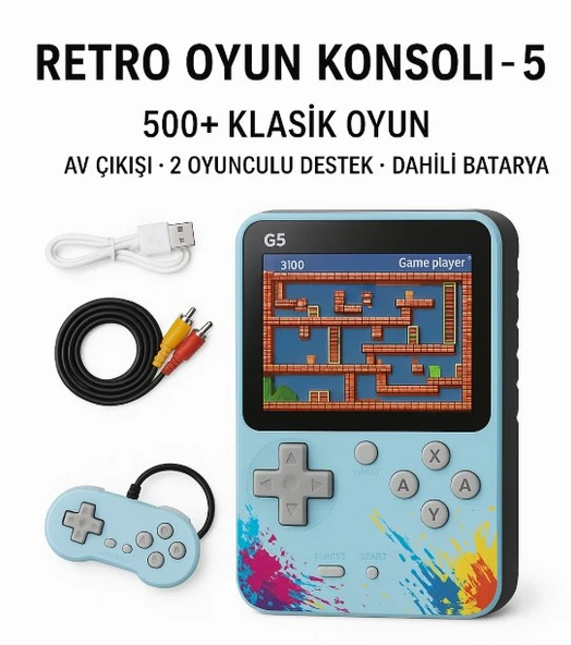 500 Klasik Oyun Dahili Oyun Konsolu 2 Oyunculu Mini Atari Mavi