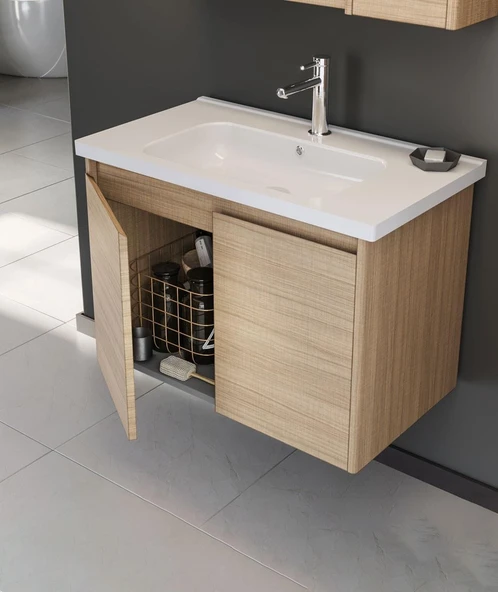 Orka Düden 80 cm MDF Kapaklı Meşe Banyo Dolabı Takımı ve Boy Dolabı - 2