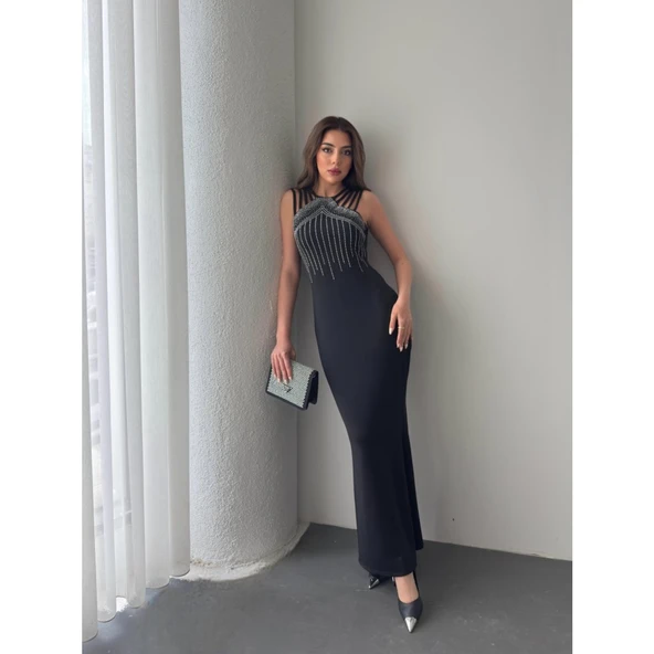 Lucky Life Kadın Omuz çoklu Askılı önü Taş Işlemeli Balık Kesim Janjan Krep Maxi Boy Elbise - 2