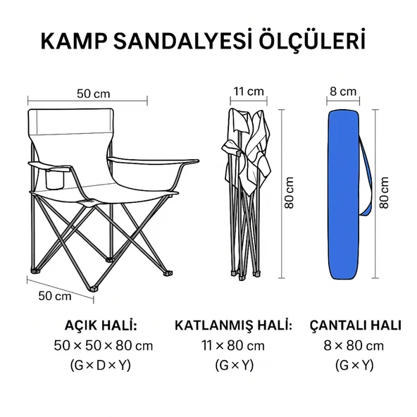 2 Adet Katlanır Kamp Sandalyesi - Piknik Plaj Sandalyesi - (DY.001) - Mavi - Taşıma Çantalı - 3
