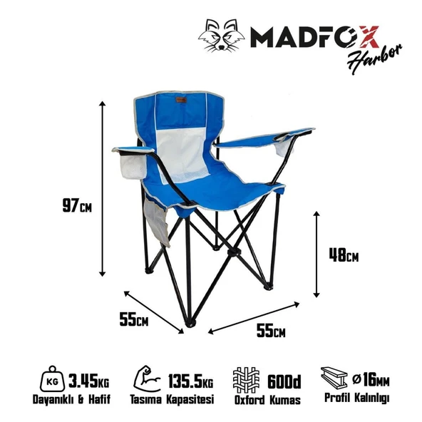 Katlanır Kamp Piknik Sandalyesi - Madfox Harbor - Bardaklıklı - Mavi - 547285 - Taşıma Çantalı - Resim 6