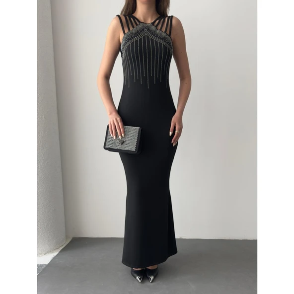 Lucky Life Kadın Omuz çoklu Askılı önü Taş Işlemeli Balık Kesim Janjan Krep Maxi Boy Elbise - 6