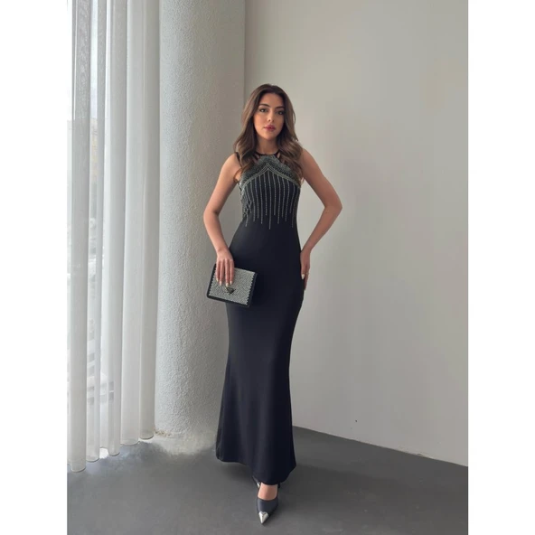 Lucky Life Kadın Omuz çoklu Askılı önü Taş Işlemeli Balık Kesim Janjan Krep Maxi Boy Elbise - 4