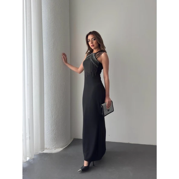 Lucky Life Kadın Omuz çoklu Askılı önü Taş Işlemeli Balık Kesim Janjan Krep Maxi Boy Elbise