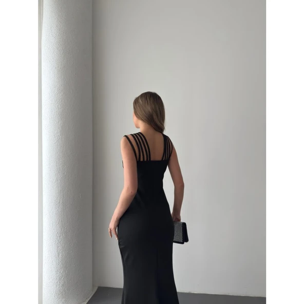 Lucky Life Kadın Omuz çoklu Askılı önü Taş Işlemeli Balık Kesim Janjan Krep Maxi Boy Elbise - 3