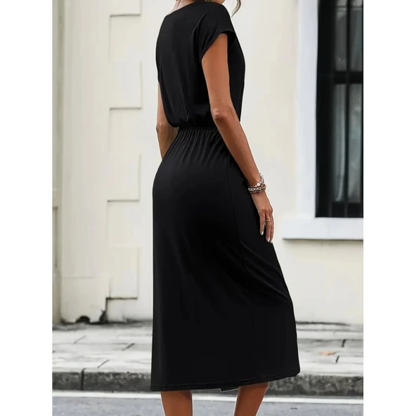 Lucky Life Kadın Kısa Kollu Yakası Açık Belden Kuşaklı Yandan Yırtmaçlı Midi Viskon Elbise - 3