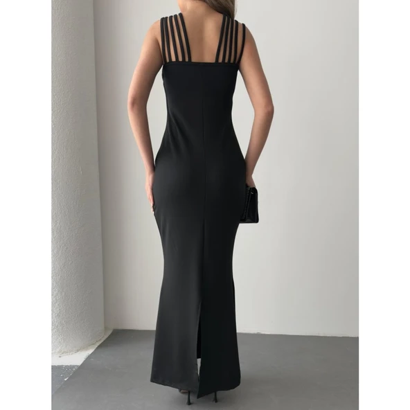 Lucky Life Kadın Omuz çoklu Askılı önü Taş Işlemeli Balık Kesim Janjan Krep Maxi Boy Elbise - 7