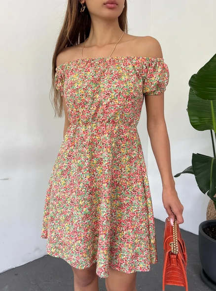 Madonna Yaka Çiçek Desenli Çok Renkli Elbise - 4