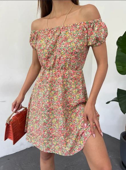 Madonna Yaka Çiçek Desenli Çok Renkli Elbise - 2