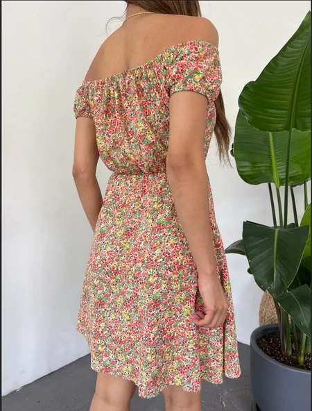 Madonna Yaka Çiçek Desenli Çok Renkli Elbise - 3