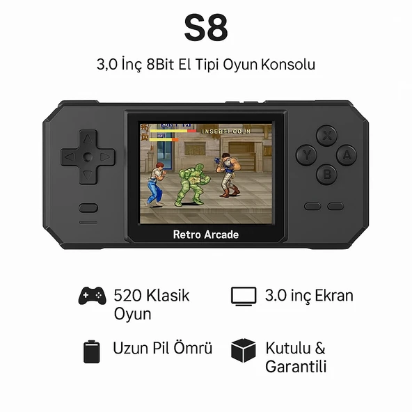 S8 Game CONSOLE-520 Oyunlu 3.0 inç Ekranlı Taşınabilir Mini Atari Gamebox