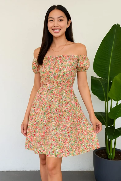 Madonna Yaka Çiçek Desenli Çok Renkli Elbise