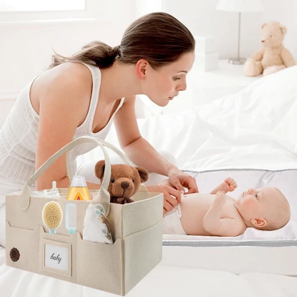 S_MART EGE Keçe Anne Bebek Bakım Çantası, Kapaklı, 3 Bölmeli, Fermuar Cepli Çok Amaçlı Alt Açma Organizer Çanta - 2