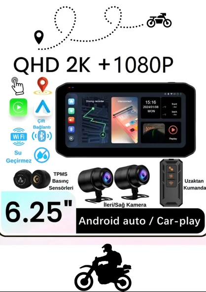 6.25'' 2K Dokunmatik Ekranlı Su Geçirmez Motosiklet CarPlay GPS - 2 Kameralı, Lastik Basınç Sensörlü
