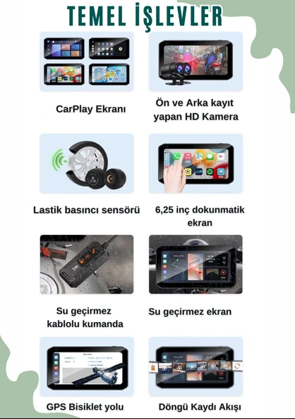 6.25'' 2K Dokunmatik Ekranlı Su Geçirmez Motosiklet CarPlay GPS - 2 Kameralı, Lastik Basınç Sensörlü - 3