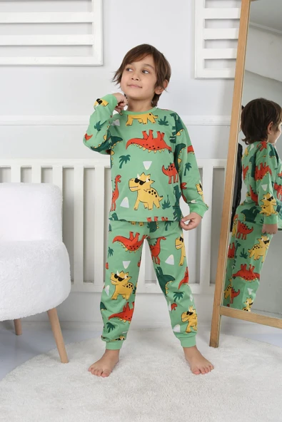 Dinozor Desenli Erkek Çocuk Pijama Takımı Yeşil 3-8 Yaş - Resim 2