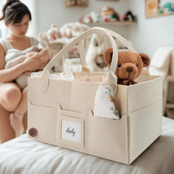 S_MART EGE Keçe Anne Bebek Bakım Çantası, Kapaklı, 3 Bölmeli, Fermuar Cepli Çok Amaçlı Alt Açma Organizer Çanta - 5