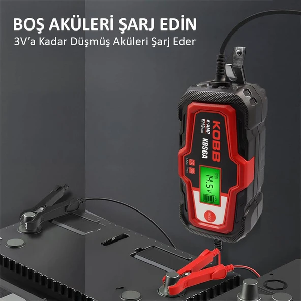 KOBB KBS6A 6/12V 150A Dijital Akü Şarj / Akü Bakım / Desülfatör ve Power Supply - 12