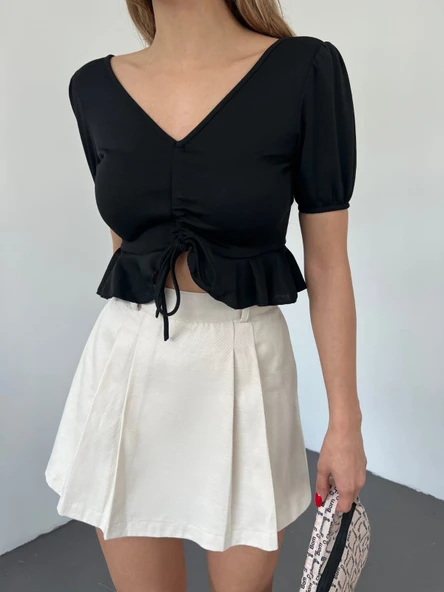 Pelin Kadın Siyah Sırtı Açık İpli Kısa Kollu Crop Bluz PELIN-5714