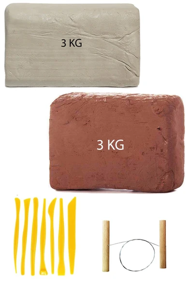 Kahve Çamur 3 Kg Kırmızı Kil Seramik Hamuru Beyaz Kil 3 Kg Plastik Ebeşuar Seti Çamur Kesme Teli