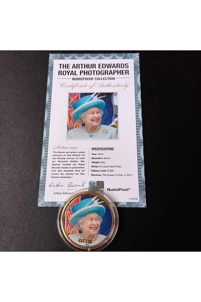 39963681b2e7f60621 Numis Proof 2016 Kraliçe Elizabeth 24Ayar AltınKaplama Sertifikalı 52gram A-35192 - Resim 6