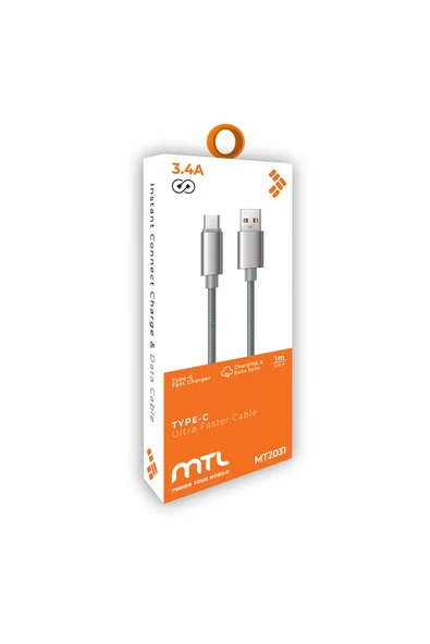 MTL  USB to Type-C Hasır Hızlı Şarj Ve Data Aktarım Kablosu 3.4 Amper 1 Metre MT2031