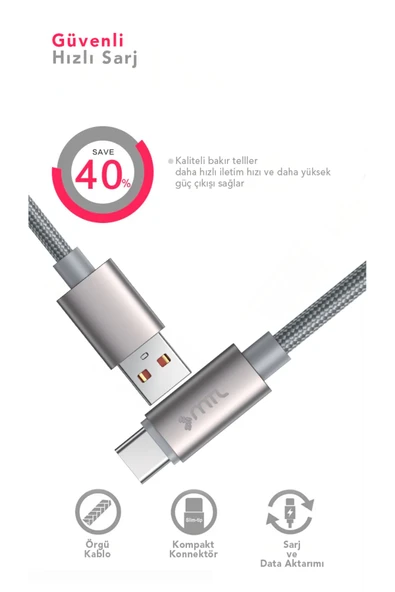 MTL  USB to Type-C Hasır Hızlı Şarj Ve Data Aktarım Kablosu 3.4 Amper 1 Metre MT2031 - 3