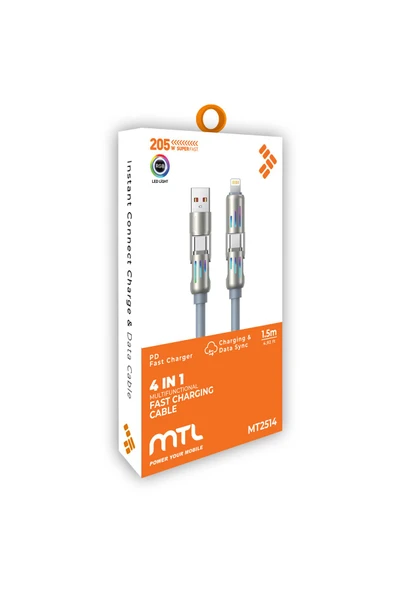 MTL  Type-C to Type-C 4 in 1 Silikon Hızlı Şarj ve Data Aktarım Kablosu 1.5 Metre 205W MT2514