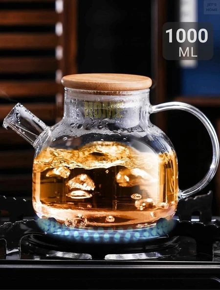 Cam Demlik Isıya Dayanıklı Demlik Bambu Vakumlu Kapak 1000 ml