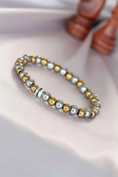 Hematit Silver Gold Renk Doğal Taş Erkek Bileklik - TJ-EB3005