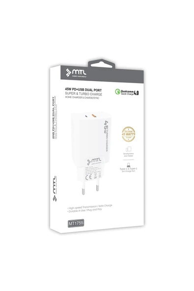 MTL  45W Turbo Type-C ve USB Çift Girişli Şarj Adaptörü QC 4.0 MT1755