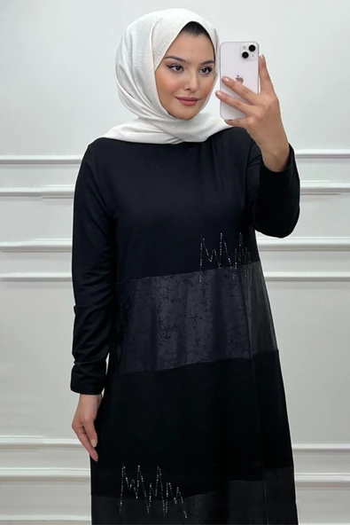 Elele Kadın Serel Büyük Beden 2 iplik Kombinli Siyah Elbise - 4