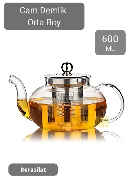Cam Demlik Çelik Süzgeçli Demlik Isıya Dayanıklı Bitki Çayı Demliği Borosilat 600 ml - 3