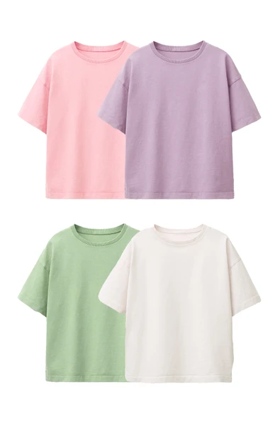 Kız Çocuk Basic 4'lü T-Shirt(Pembe-Beyaz-Lila-Mint)