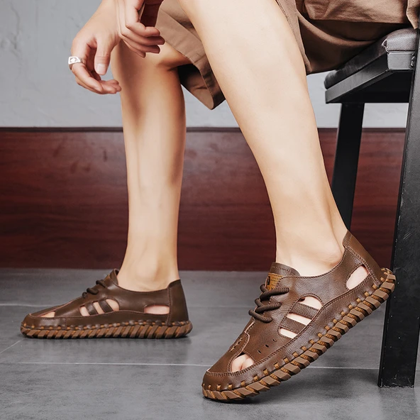 Erkek Yazlık El Yapımı Deri Sandalet (Siyah) - Resim 11