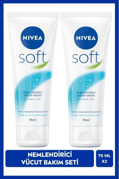 NİVEA Soft Nemlendirici Bakım Kremi 75 Ml, Jojoba Yağı, E Vitamini, El Yüz Vücut, x2 adet