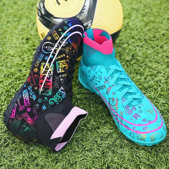 Unisex Yüksek Topuklu Kramponlu Futbol Ayakkabısı (Yinyang Siyah Ay Kırık Çivi)