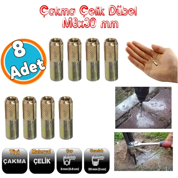 Çakma Çelik Dübel 8 Adet İç Dişli M8x30 mm Raf İskele Montaj Bağlantı Monte Tavan Asma Aparat