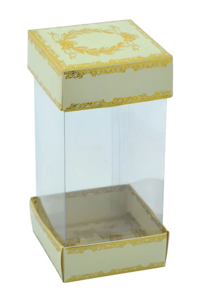 Hediyelik Alt Üst Karton Kapak Krem Gold Varaklı Arası Asetat Kutu (8CMX8CMX16.5CM)