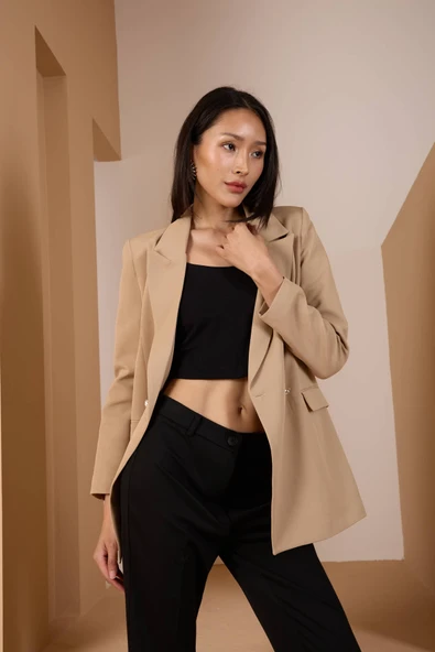 Açık Vizon Oversize Dokuma Blazer Ceket