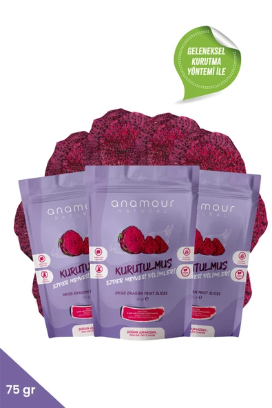 ANAMOUR NATURAL Ejder Meyvesi Kurusu - Cips Meyve (Şeker İlavesiz) - 3'lü Paket Kuru Meyve 75g