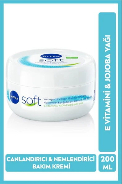 NİVEA Soft Nemlendirici Vücut Bakım Kremi 200ml, Jojoba Yağı, E Vitamini, Yüz Vücut El, Yumuşak Cilt Hissi