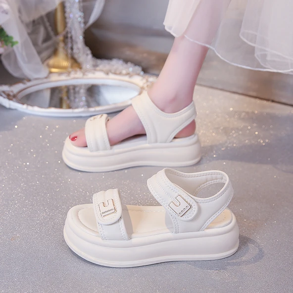 Kadın Yazlık Hafif Kalın Taban Sandalet (Bej) - Resim 4