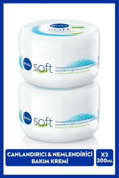 NİVEA Soft Nemlendirici El Yüz ve Vücut Bakım Kremi 300ml, Jojoba Yağı, E Vitamini, Pürüzsüz Cilt, X2 Adet