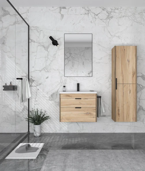 Orka Trio 65 cm MDF Çekmeceli Senza Asma Banyo Dolabı Takımı ve Boy Dolabı ürün görseli