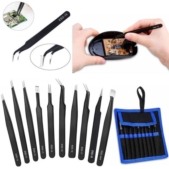 Antistatik Cımbız Seti 10 Parça Kumaş Çantalı - 7